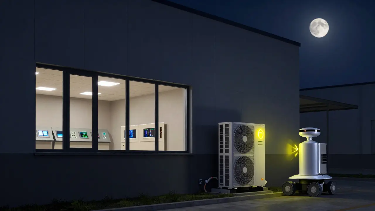 Schnittansicht eines Gewerbegebäudes, das automatisch auf Sensordaten reagiert – Fenster schließen, Lichter dimmen.