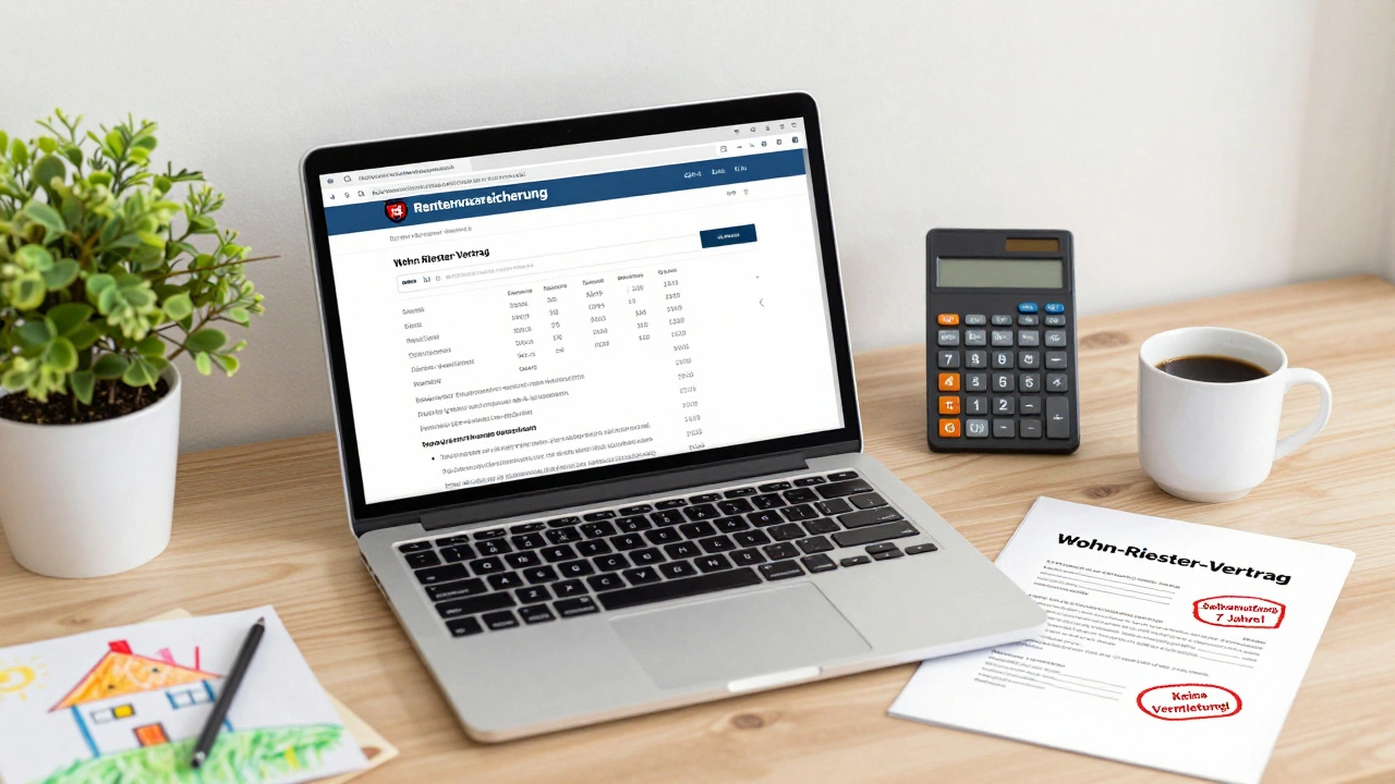 Schreibtisch mit Wohn-Riester-Dokumenten, Laptop und Warnhinweisen in Österreich, 2025.