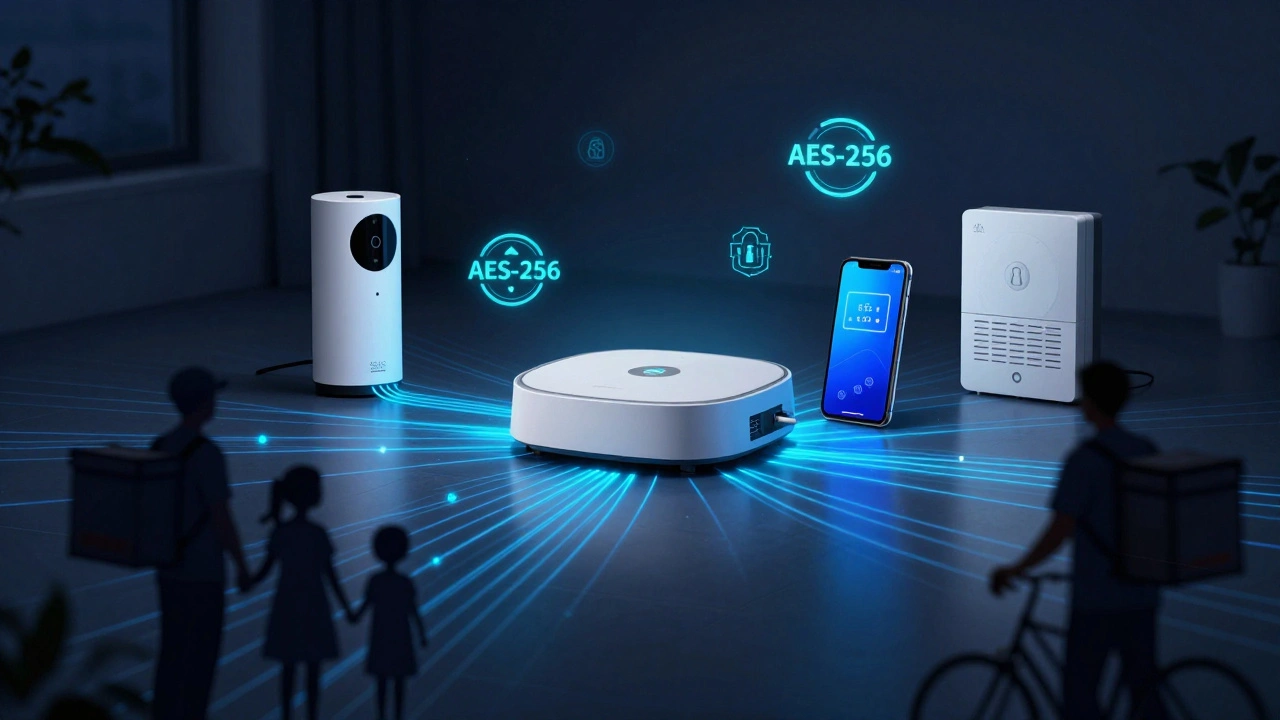 Smart-Home-System mit vernetzten Geräten und verschlüsselten Datenströmen in einem dunklen, futuristischen Interieur.