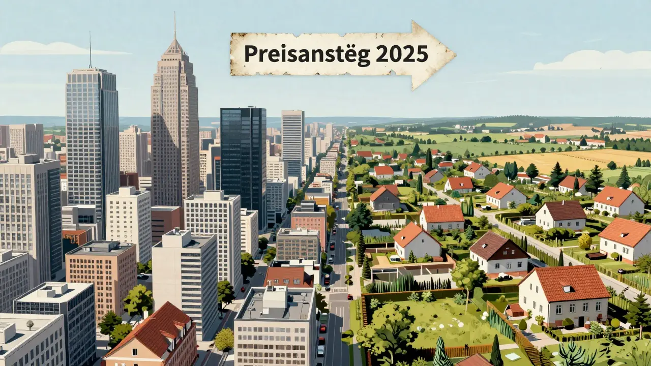 Stadt-Land-Vergleich: pulsierende Metropole links, verlassenes Dorf rechts