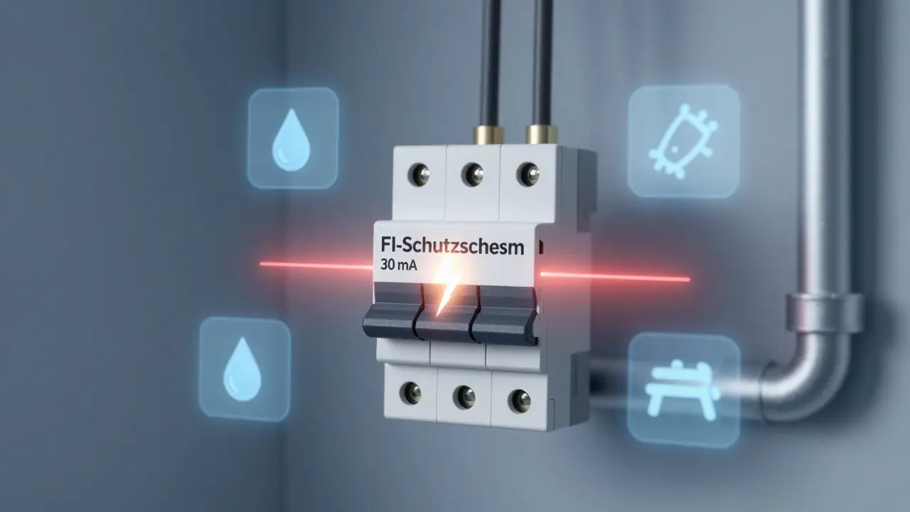 Technische Darstellung eines FI-Schutzschalters, der bei Feuchtigkeit automatisch abschaltet, mit Symbolen für Wasser und Überhitzung.