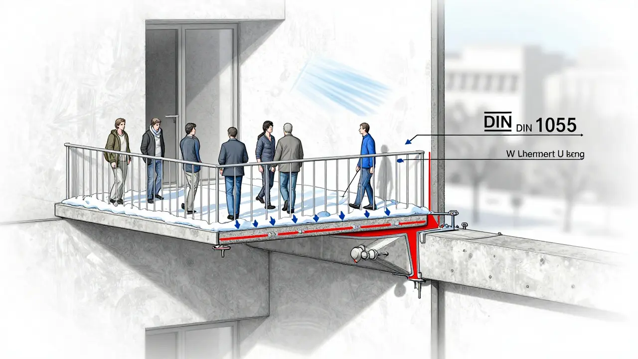 Technische Schnittzeichnung eines Balkons mit Lasten, Wärmebrücken und Verankerungspunkten.