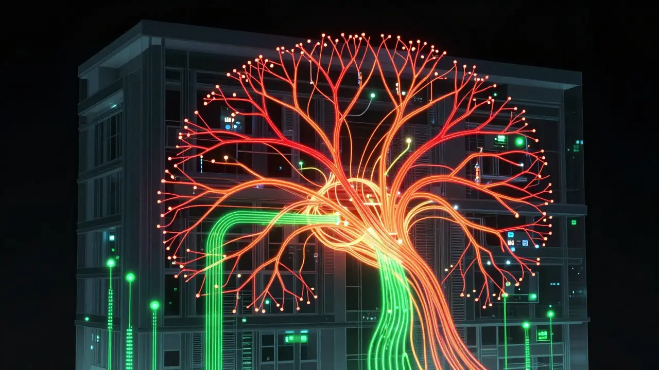 Technisches Netzwerk innerhalb eines Gebäudes, das Energieflüsse und Wartungsbedarfe visualisiert.