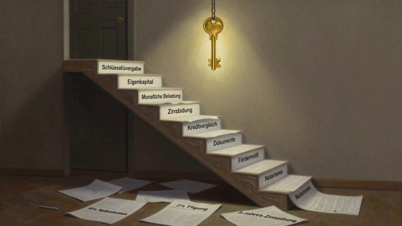 Treppenstufen aus Finanzdokumenten führen zu einem goldenen Schlüssel über einer Tür.