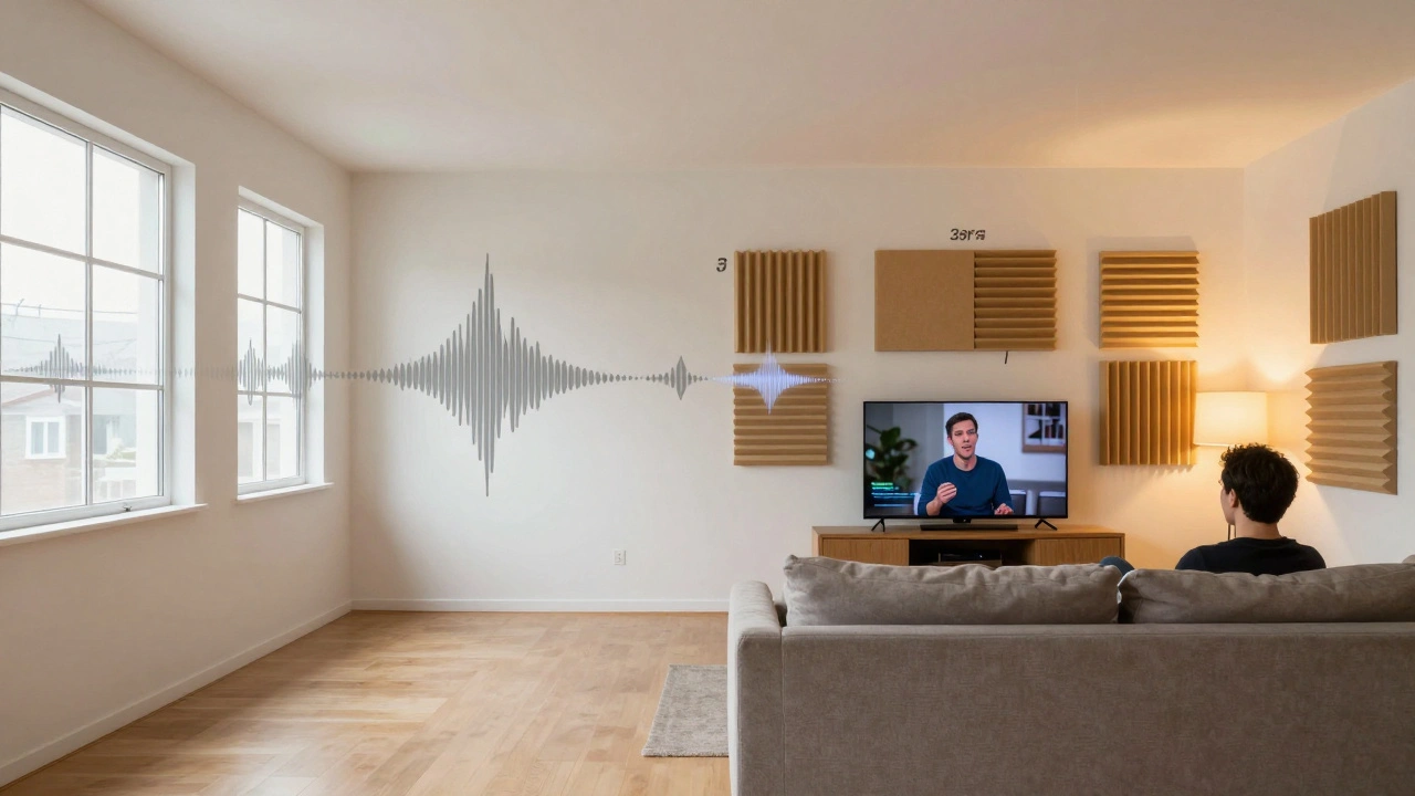 Vergleich: Linker Teil mit hallendem Raum, rechter Teil mit akustisch optimierten Wänden und entspannter Person auf dem Sofa.