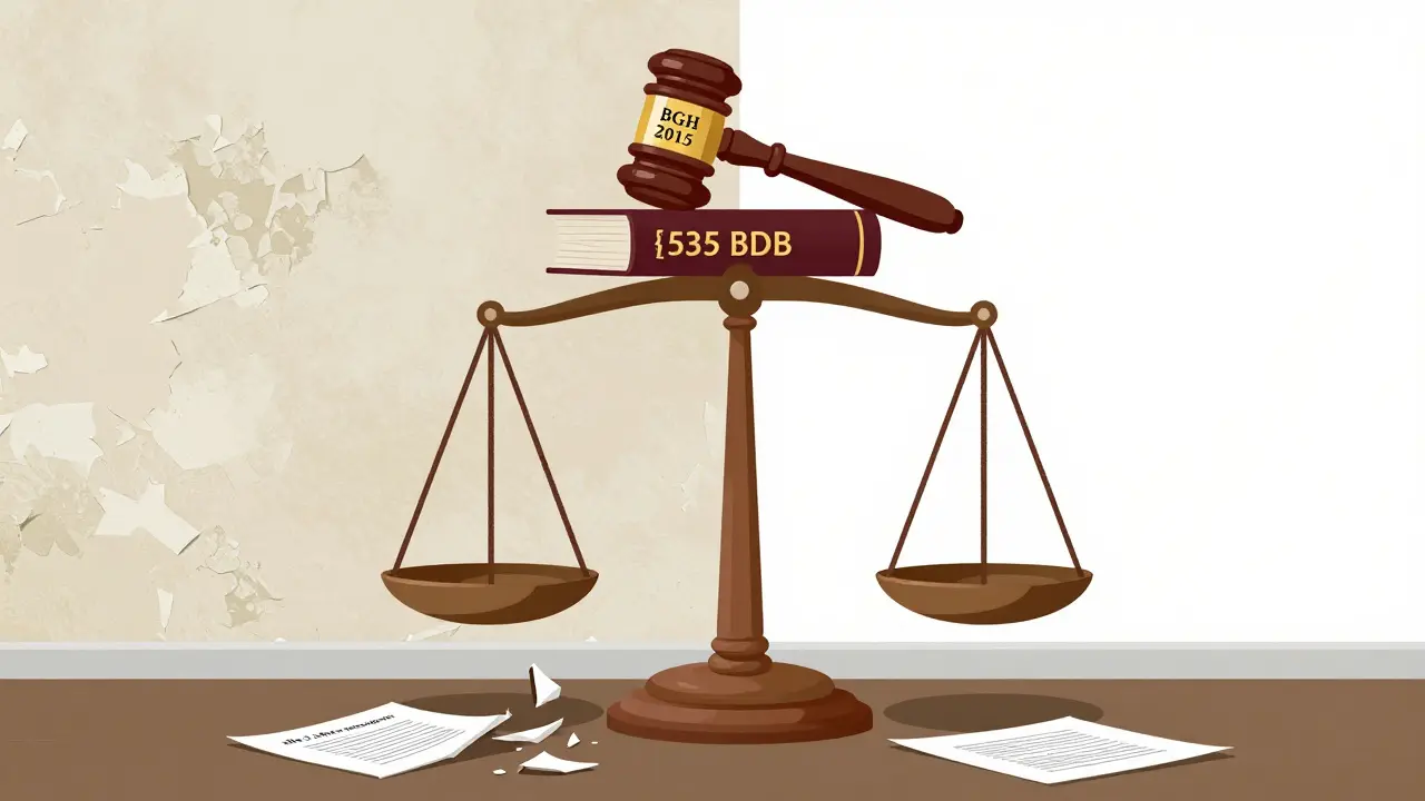 Waage mit abgenutzter Wand vs. neuer Wand, BGH-Urteil und BGB-Buch als Rechtssymbol.