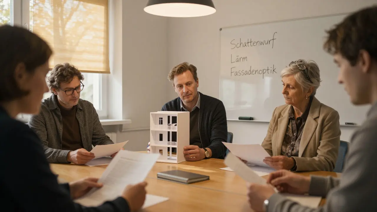 Wohnungseigentümer in einer Versammlung besprechen einen Balkonanbau an einem Modell.