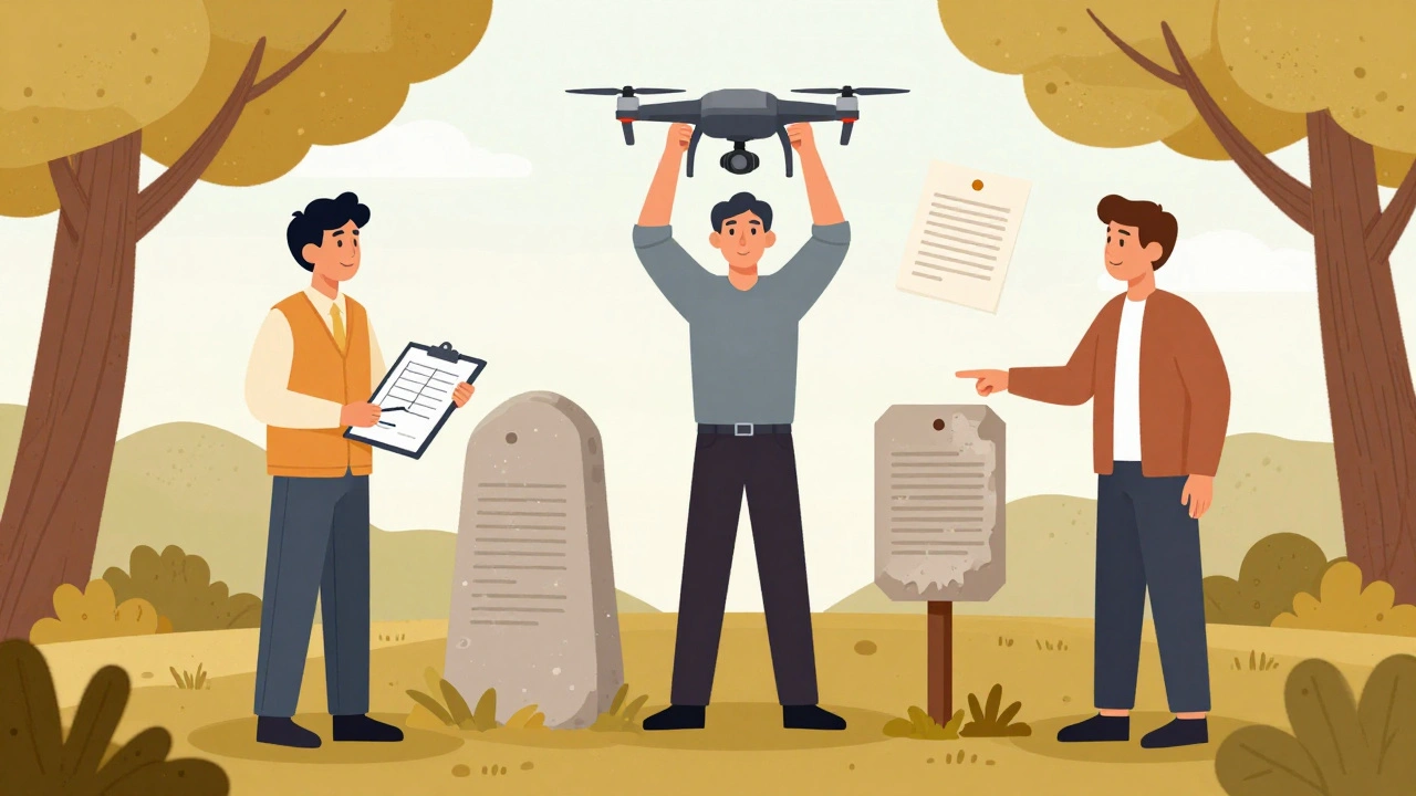 Zwei Nachbarn betrachten gemeinsam einen neu gesetzten Grenzstein, während ein Vermesser mit einer Drohne arbeitet.