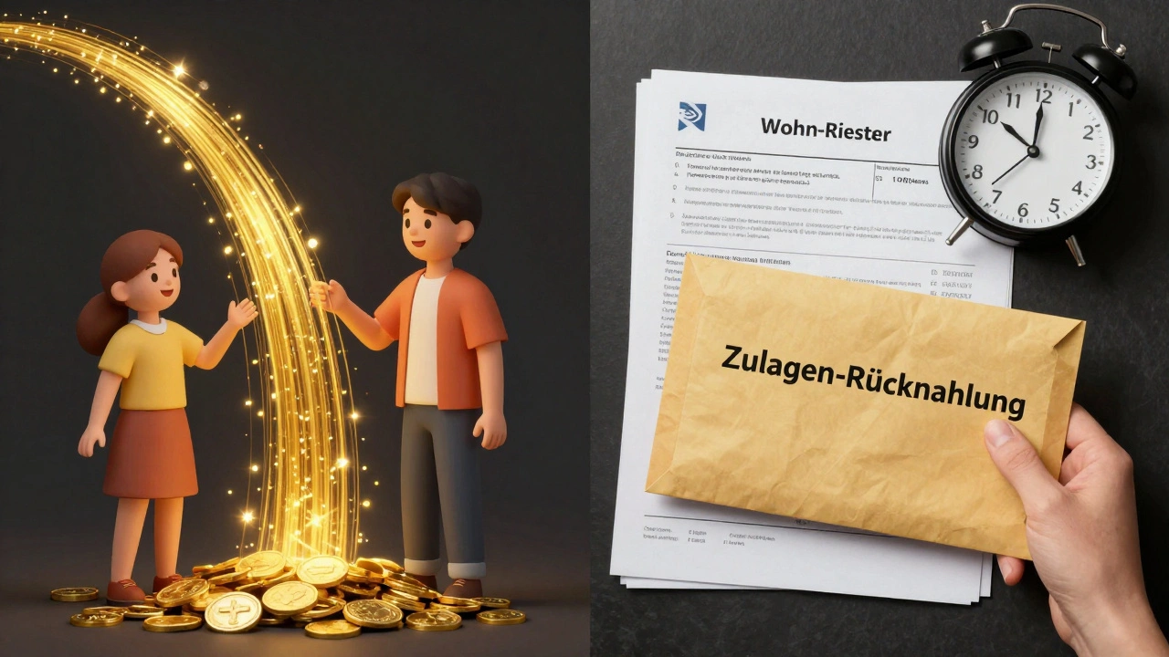 Zwei Szenen: Familie erhält staatliche Förderung vs. Person muss Zulagen zurückzahlen.