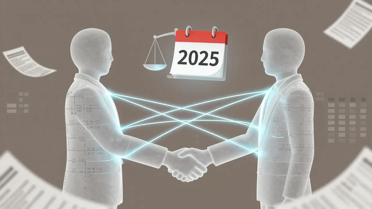 Abstrakte Handlung zwischen Vermieter und Mieter, verbunden durch transparente Datenströme und rechtliche Symbole.