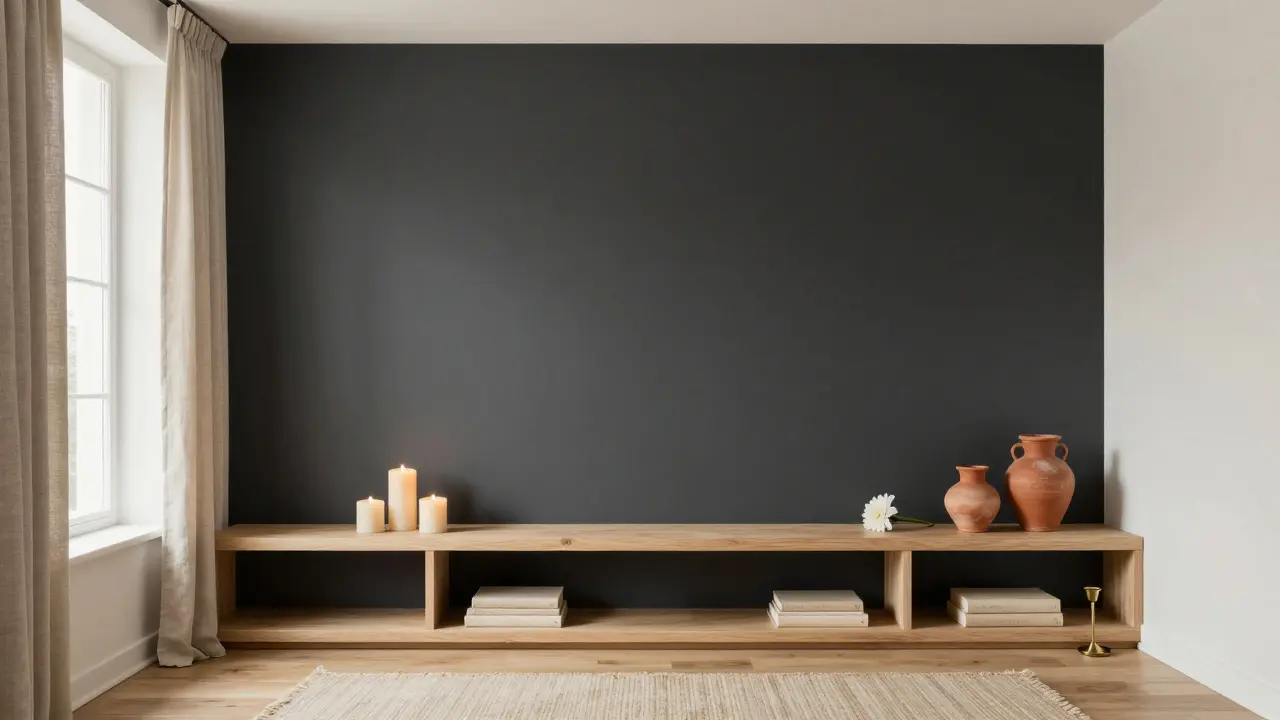 Akzentwand in Anthrazit mit drei neutralen und fünf warmen Akzenten im Wohnzimmer.