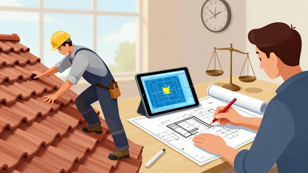 Architekt prüft Pläne neben Baufehler, BIM-Modell zeigt Fehler, symbolische Waage der Verantwortung.