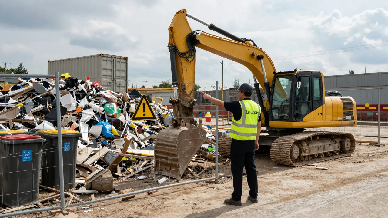 Bauaufsicht stoppt eine ungeordnete Baustelle mit fehlenden Sicherheitsmaßnahmen und falscher Abfallentsorgung.