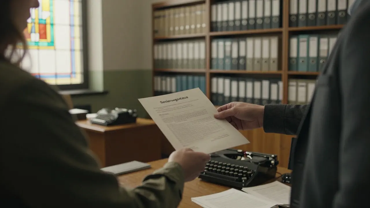 Behördenmitarbeiter übergibt Sanierungsstatus-Dokument an Käufer in einem archivierten Amtszimmer.