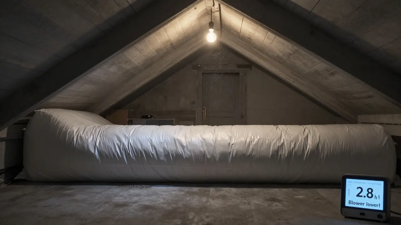 Dachgeschoss mit durchgehender luftdichter Membran bis zum First, Blower-Door-Testgerät zeigt 2,8 h⁻¹ an.