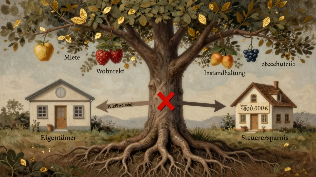 Ein Baum mit Wurzeln und Ästen symbolisiert die Aufteilung von Eigentum und Nießbrauch mit steuerlichen Vorteilen.