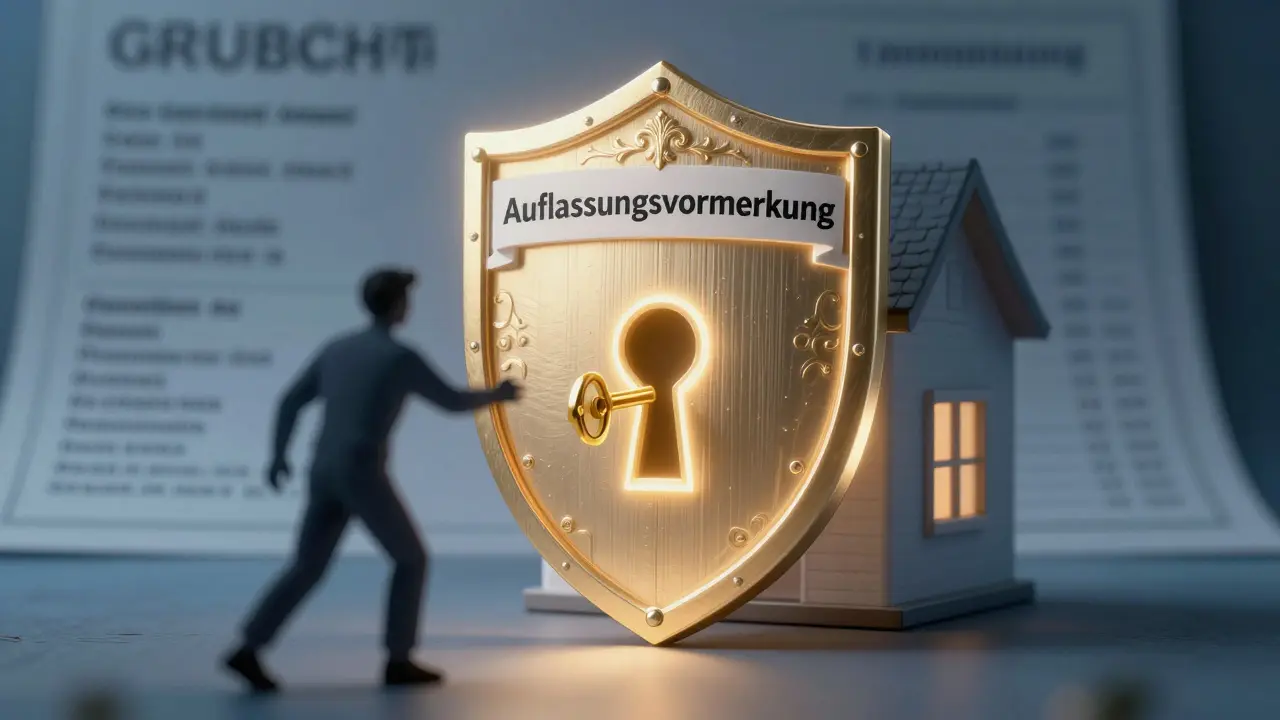 Ein schützender Schild mit 'Auflassungsvormerkung' verhindert, dass ein Haus erneut verkauft wird.