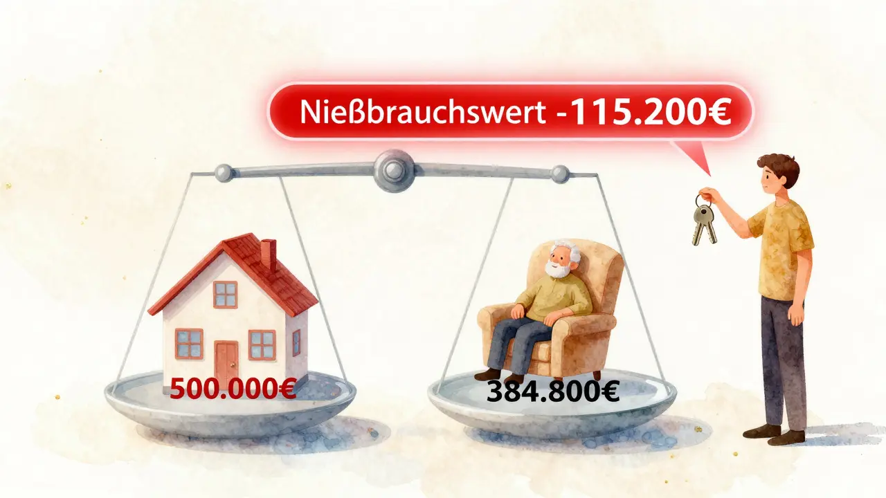 Eine Waage zeigt den Wert einer Immobilie mit abgezogenem Nießbrauchswert, ein Senior sitzt sicher im Haus.