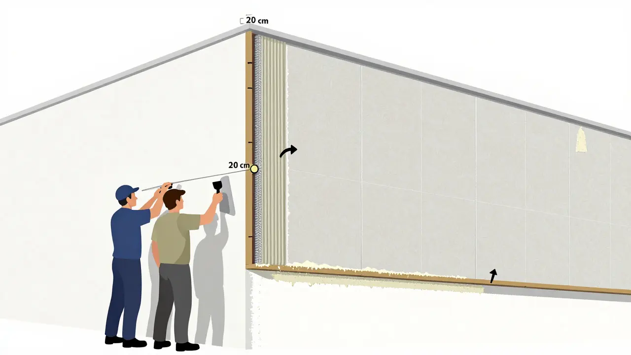 Fachkundige Anbringung von Wärmedämmplatten mit Klebemasse und Armierungsgewebe an einer Hausfassade.