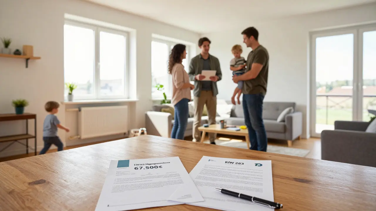 Familie in renoviertem Haus mit KfW-Zuschuss-Dokumenten auf dem Tisch