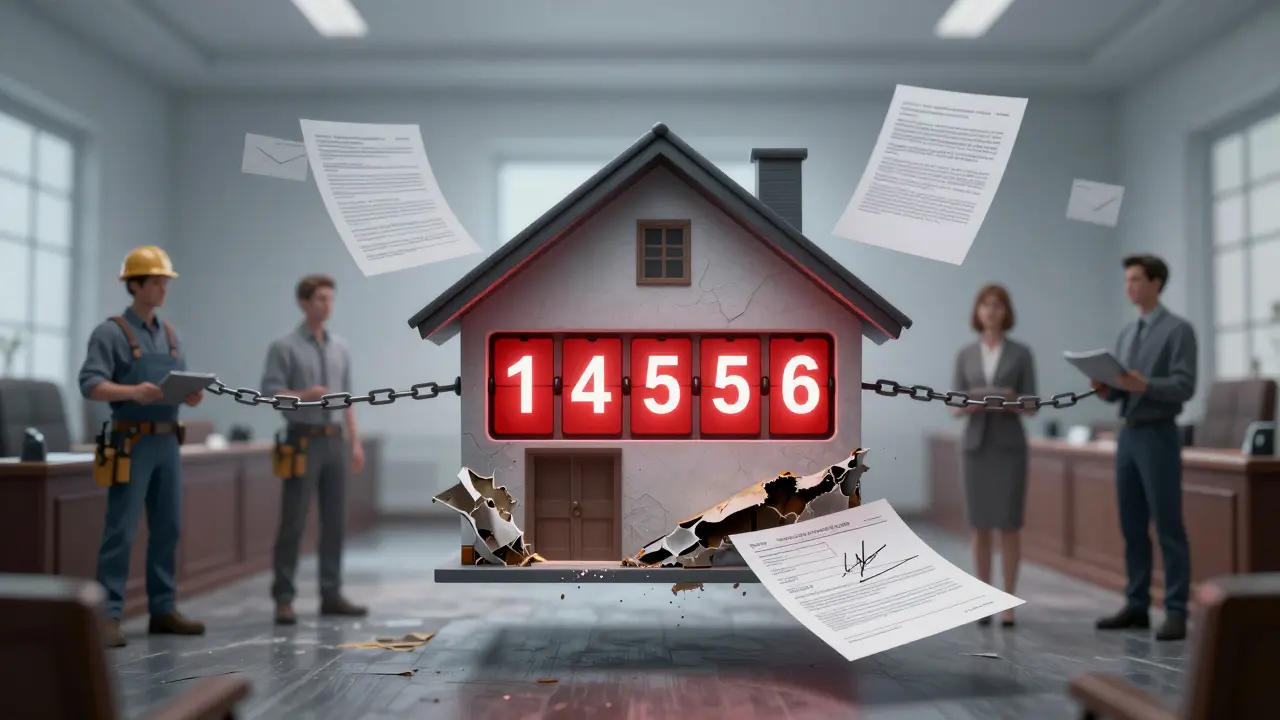 Fünf-Jahres-Frist über einem Haus, versteckte Schäden werden sichtbar, rechtliche Verantwortungskette.