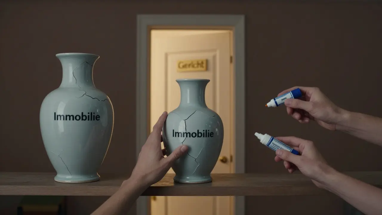 Gebrochene Vase mit drei Händen, die sie unterschiedlich halten — Symbol für Erbkonflikt und mögliche Lösung.