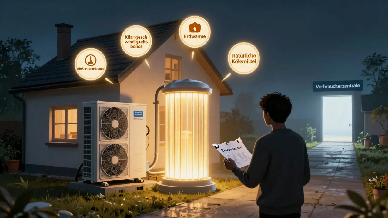 Haus mit moderner Heizung, umgeben von Förderboni, während ein verzweifelter Besitzer davorsteht.