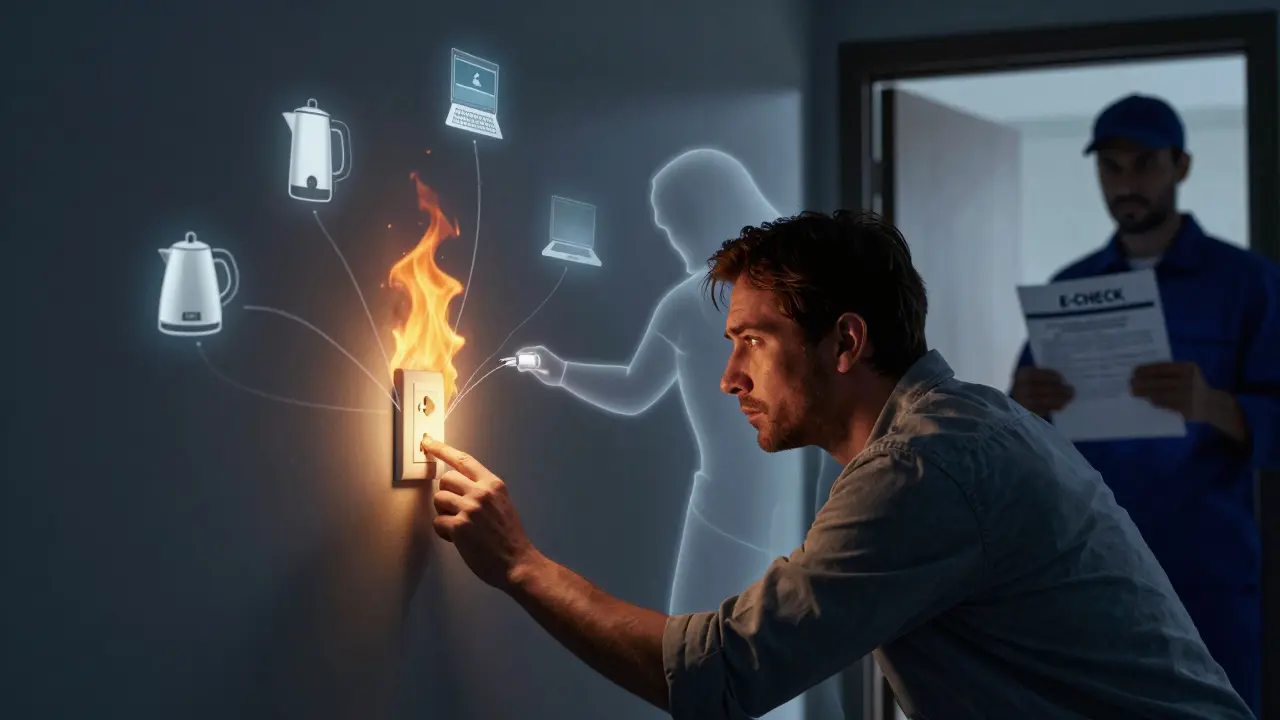 Hausbesitzer berührt eine heiße Steckdose, während hinter ihm ein unsichtbares Feuer droht.