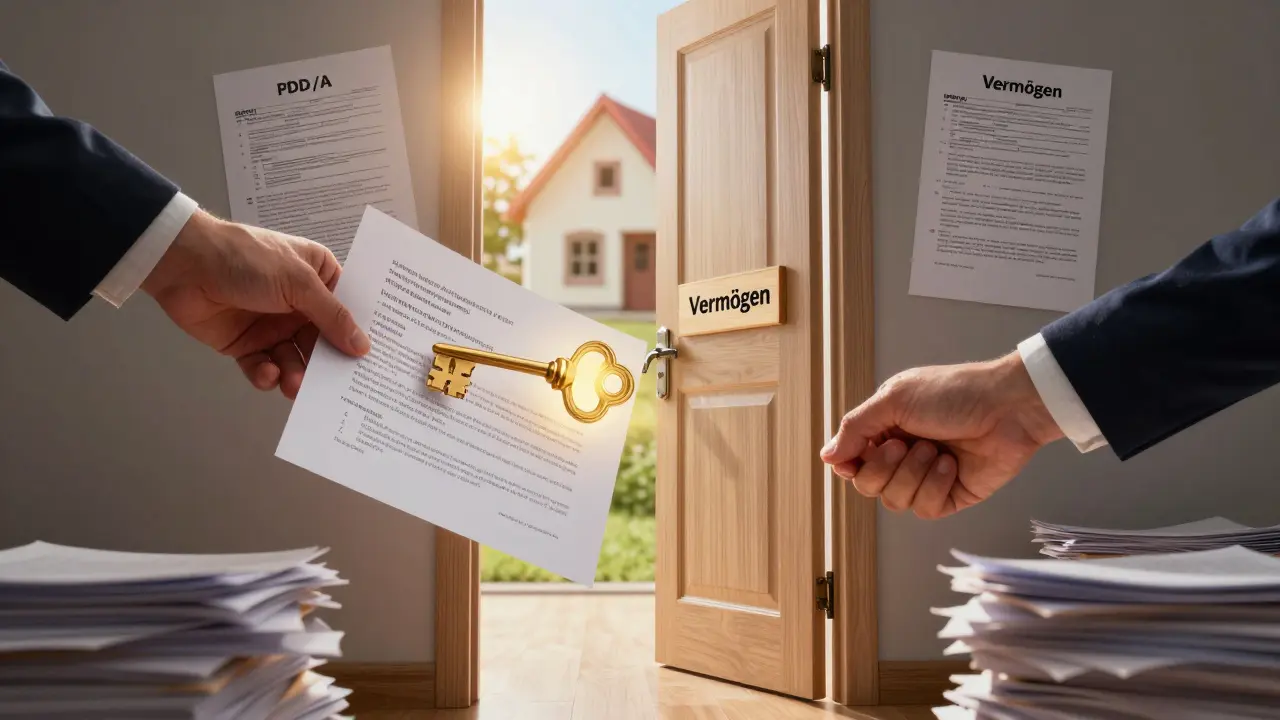 Hausbesitzer hält eine gescannte Datei, die sich in einen goldenen Schlüssel verwandelt, der ein Tor zu Wohlstand öffnet.