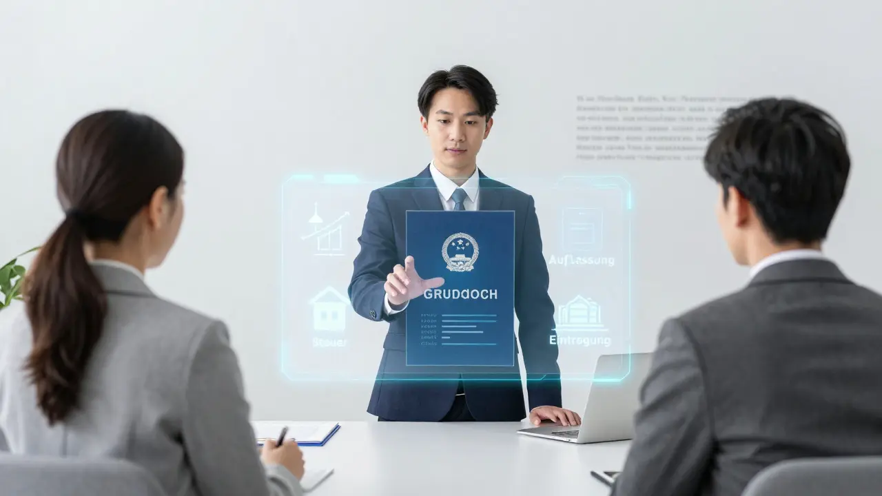 Holografische Darstellung eines digitalen Grundbuchs mit den Schritten der Immobilienübertragung.