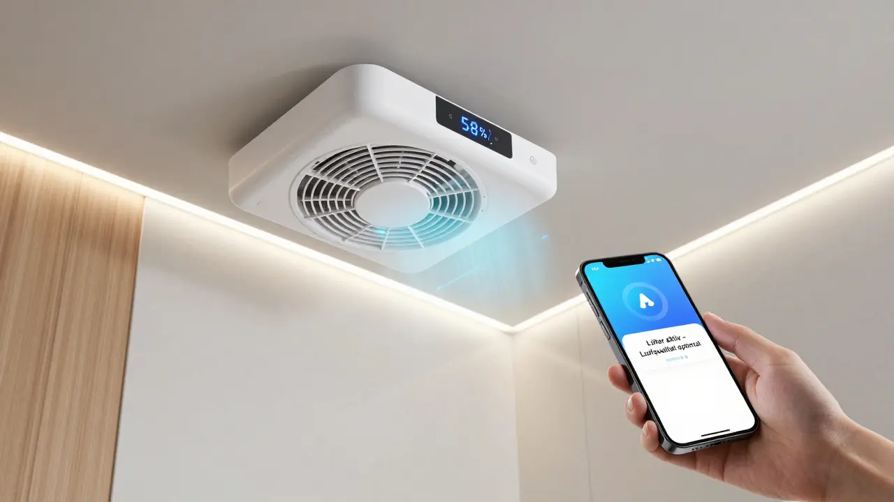 Intelligenter Badezimmerlüfter mit digitaler Luftqualitätsanzeige und Smartphone-Steuerung in einem modernen Bad.