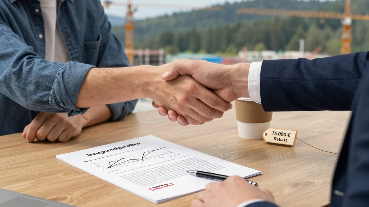 Käufer und Verkäufer verhandeln über einen Grundstückskauf mit Baugrundgutachten auf dem Tisch und Preisnachlass.