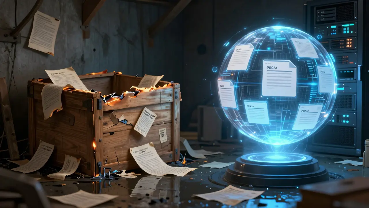 Kontrast zwischen verfallendem Papierarchiv im Keller und einem leuchtenden digitalen Archiv in Form einer Kugel.