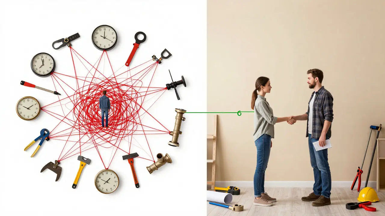 Konzeptuelles Bild: Chaos aus vielen Werkzeugen links vs. ruhige Zusammenarbeit rechts.