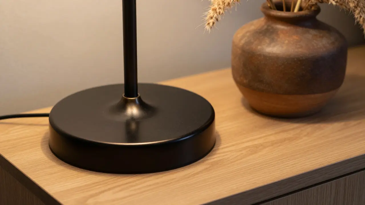 Matte schwarze Lampenbasis auf hellem Holz mit terrakottafarbenem Blumenbehälter.