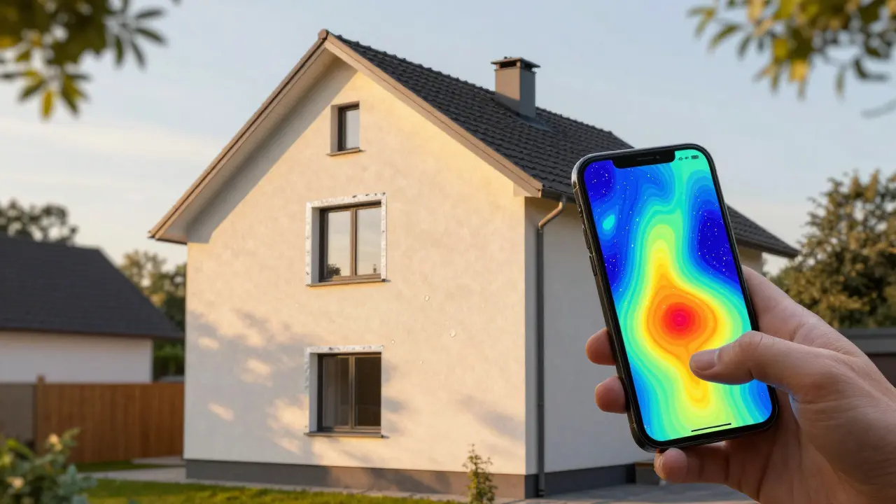 Modern sanierte Fassade mit Wärmedämmung, reflektierendem Anstrich und digitaler Wärmebild-Analyse.