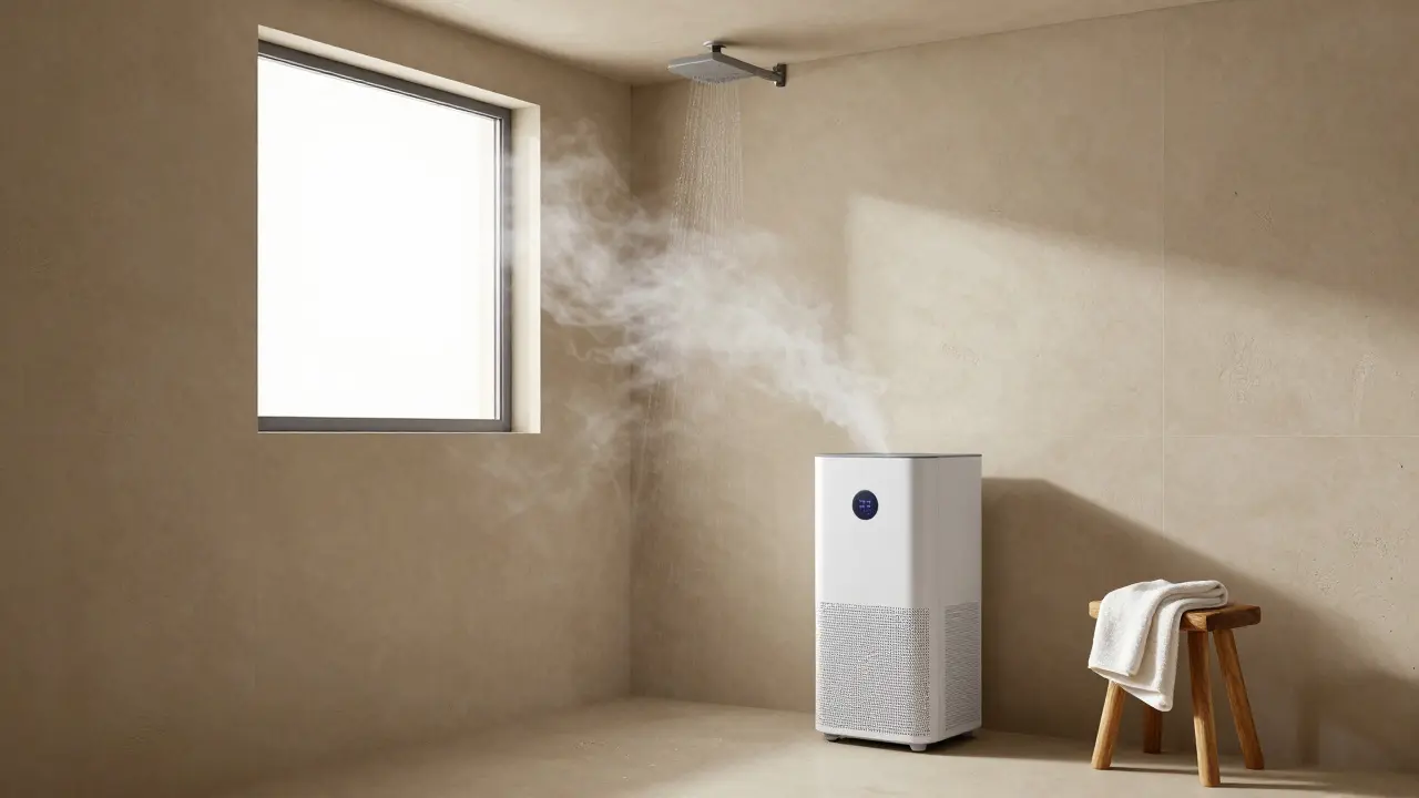 Modernes Badezimmer nach dem Duschen mit geöffnetem Fenster und Lehmfarbe an den Wänden.