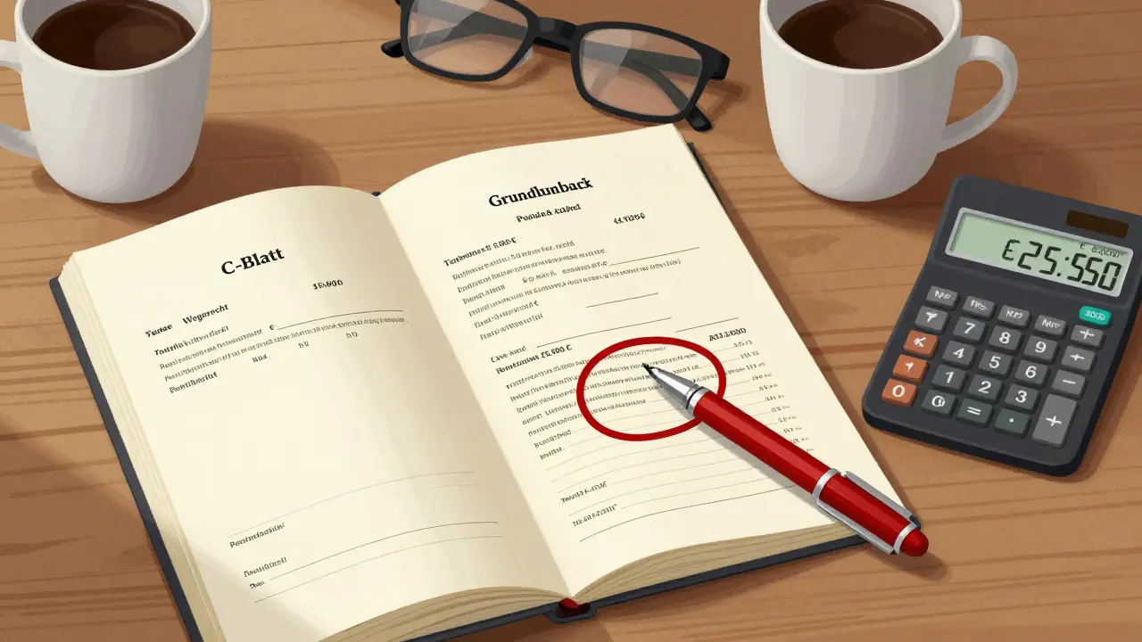 Offener Grundbuchauszug mit hervorgehobenen Reallasten und einer Steuerberechnung auf einem Schreibtisch.