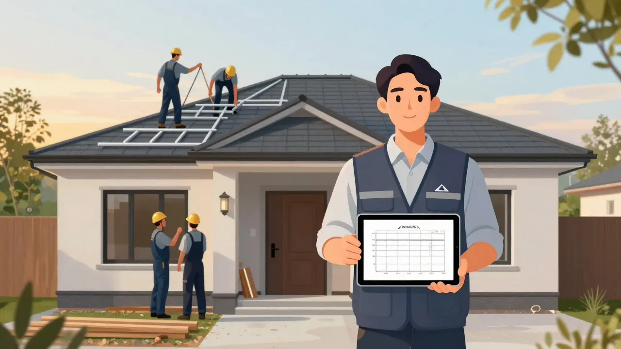 Professioneller Generalunternehmer vor einem fertigen Einfamilienhaus mit Team und Tablet.