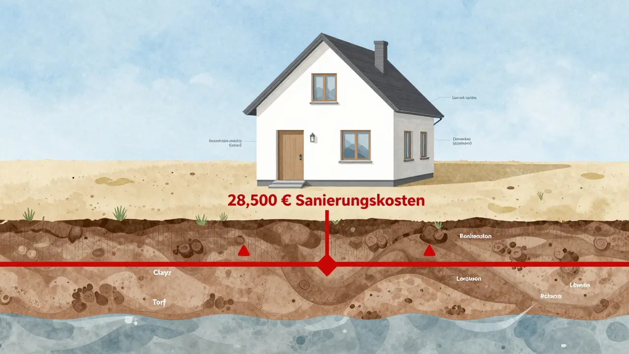 Querschnitt eines Baugrundstücks mit stabilen und instabilen Bodenschichten und Hinweis auf hohe Sanierungskosten.