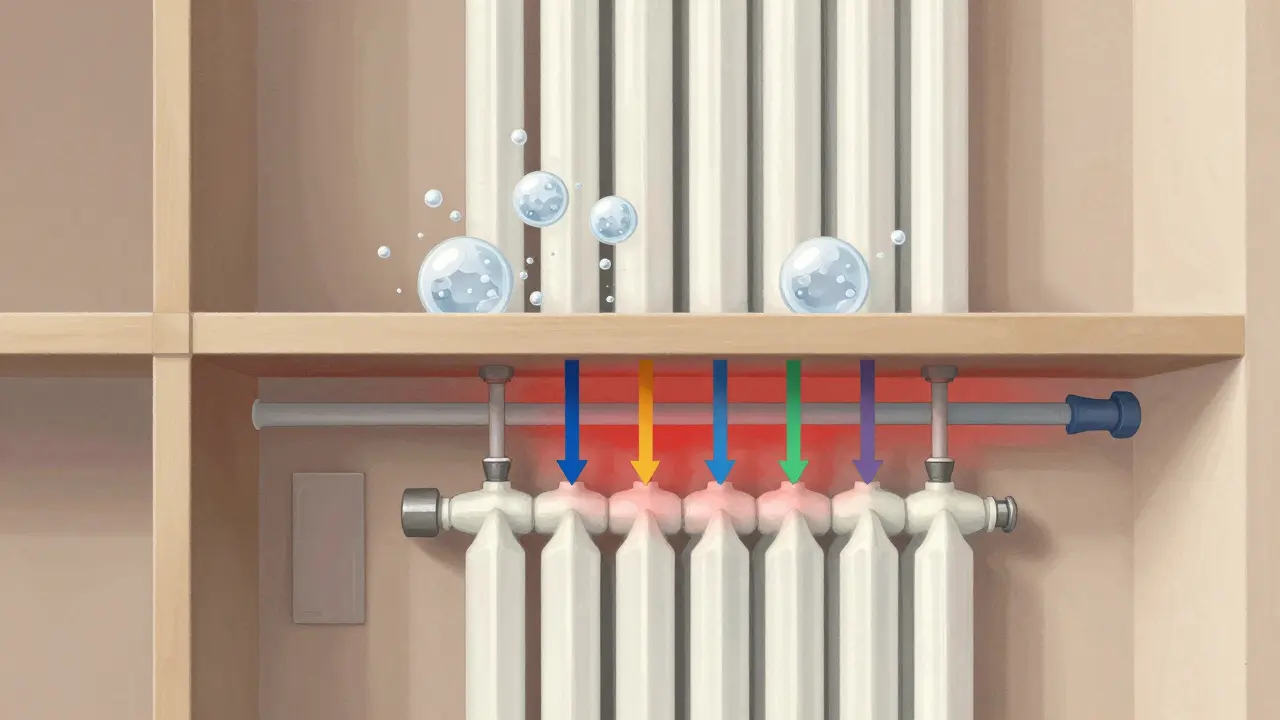 Schematische Darstellung eines Heizungssystems mit Luftblasen in oberen Räumen und gleichmäßiger Wasserströmung unten.