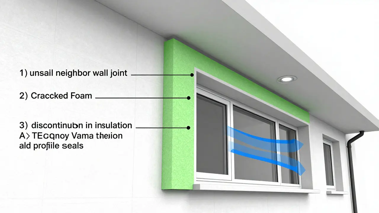 Schnittansicht einer Reihenhauswand mit falsch und richtig installierter Luftdichtheit, Luftströme visualisiert.