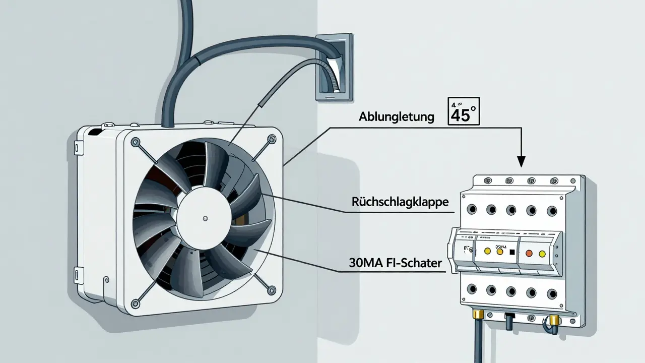 Technische Darstellung der korrekten Verkabelung und Abluftführung eines Badlüfters mit 5-Kabel-System.