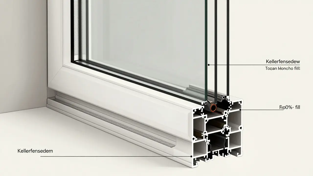 Technische Querschnittsansicht eines modernen Kellerfensters mit Dichtungen und Drainage.