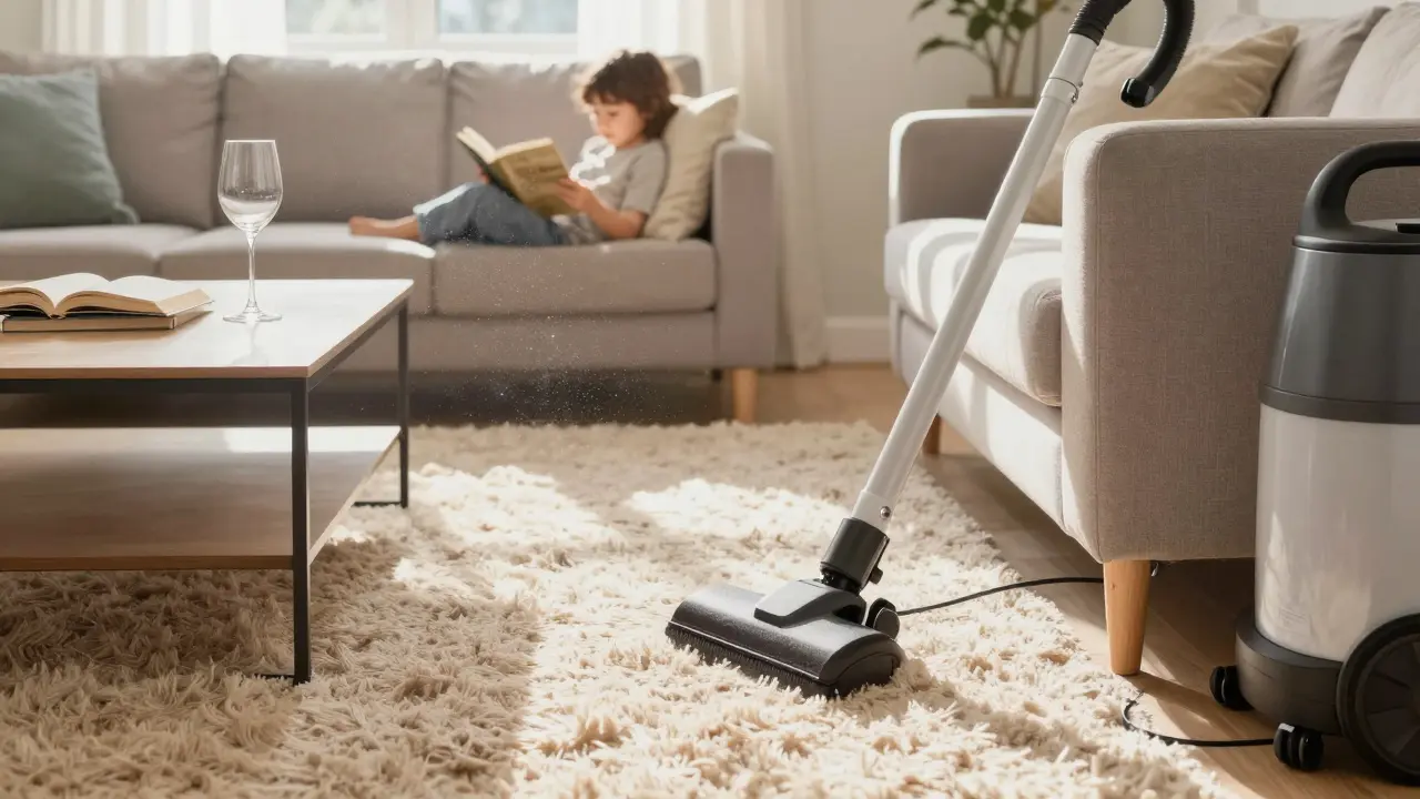 Teppichboden im Wohnzimmer mit einem Kind, das liest, und einer sichtbaren Einbuchtung durch einen Stuhl.