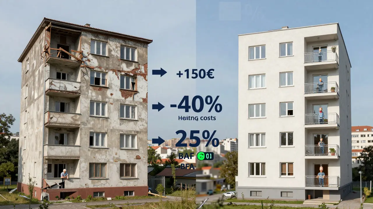 Vergleich: alte, undichte Wohnung links vs. modernisierte, energieeffiziente Wohnung rechts mit Kosteneinsparungen und Förderung.