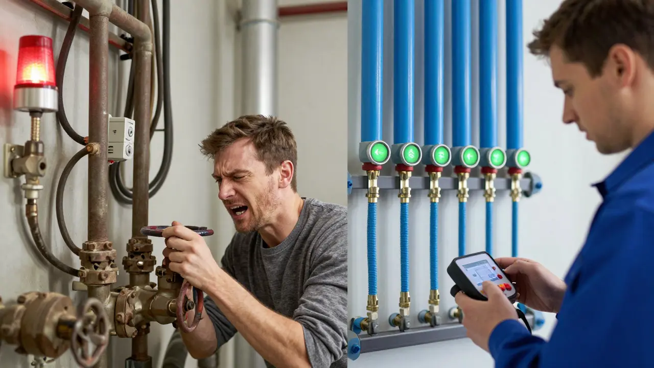 Vergleich: links ein ineffizientes Heizsystem mit Warnlichtern, rechts ein gut abgeglichenes System mit grünen Energiesparindikatoren.