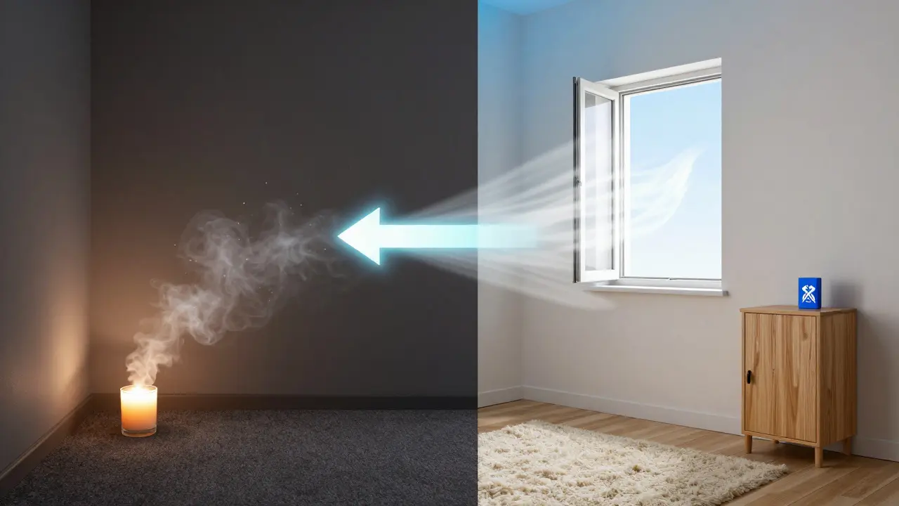 Vergleich: schadstoffbelastete Raumseite vs. gesunde Luft mit natürlichen Materialien.