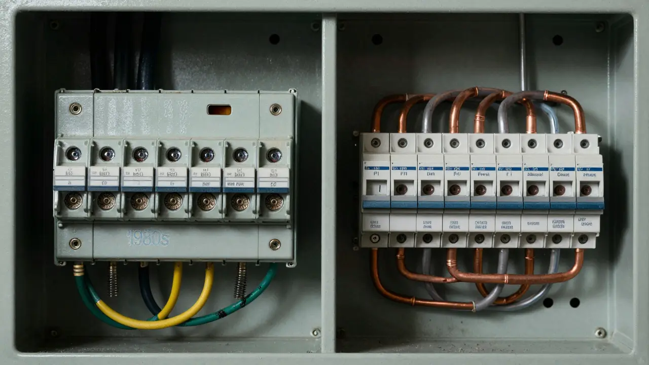 Vergleich von altem Sicherungskasten mit Keramiksicherungen und modernem FI-Schalter-Panel.