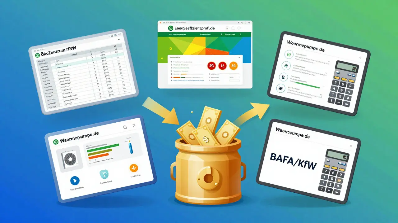 Vier verschiedene Förderrechner-Interfaces mit Bonus-Icons und finanziellen Symbolen.